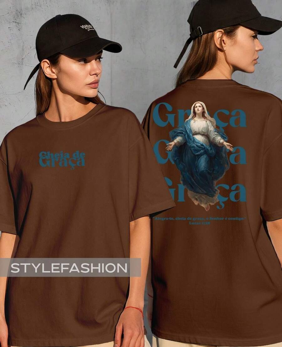 Religious T-Shirt Mary Full Of Grace Luke 1:28 Psalms God Phrase Jesus Christian Unisex Cotton Shirt - 鏽棕色 - 查看 1