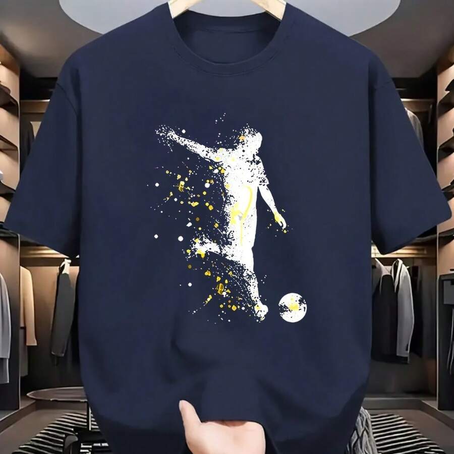 Luxury Summer Football Shirt For Boys, 100% Premium Cotton, Breathable And Lightweight, With A Casual Print And Football Player Design For Casual Weekend Wear. - 海軍藍/黑色 - 查看 1