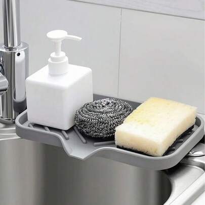 1pc Silicone Kitchen Sink Tray With Drain Spout, Soap Dish Rack, Sponge & Soap Holder Sink Drainer Mat, Household Kitchen Bathroom Accessories, Kitchen Organizer, Bathroom Decor, Drain Pad For Moisture-Proof, Multi-Purpose Draining Mat.