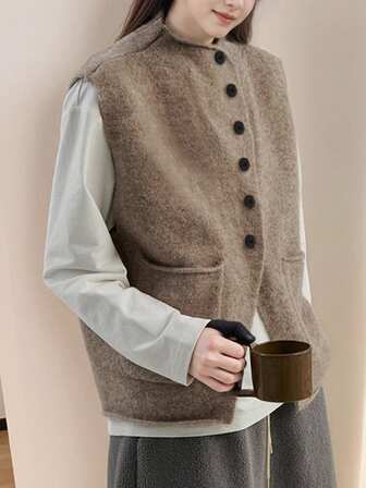 Alicedudu Women's Autumn/Winter Minimalist Oblique Placket Design Cardigan Vest