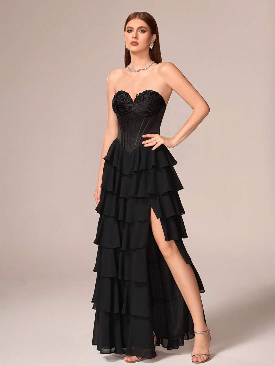 VIPGIRL 奢华优雅女士黑色雪纺无肩带礼服，多层裙摆，长款正式晚礼服 - 黑色 - 查看 1
