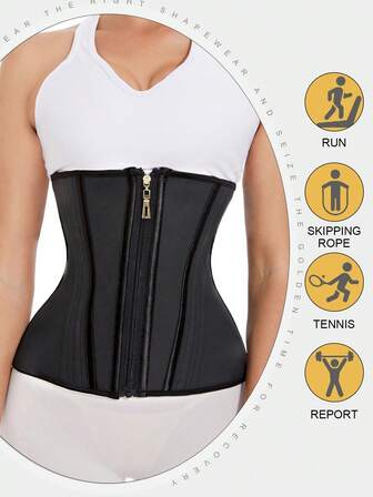 1pc Black Zipper Rubber Shaping Bodysuit, Double Layer Latex Waist Trainer, Sports Fitness Tummy Control Compression Shapewear