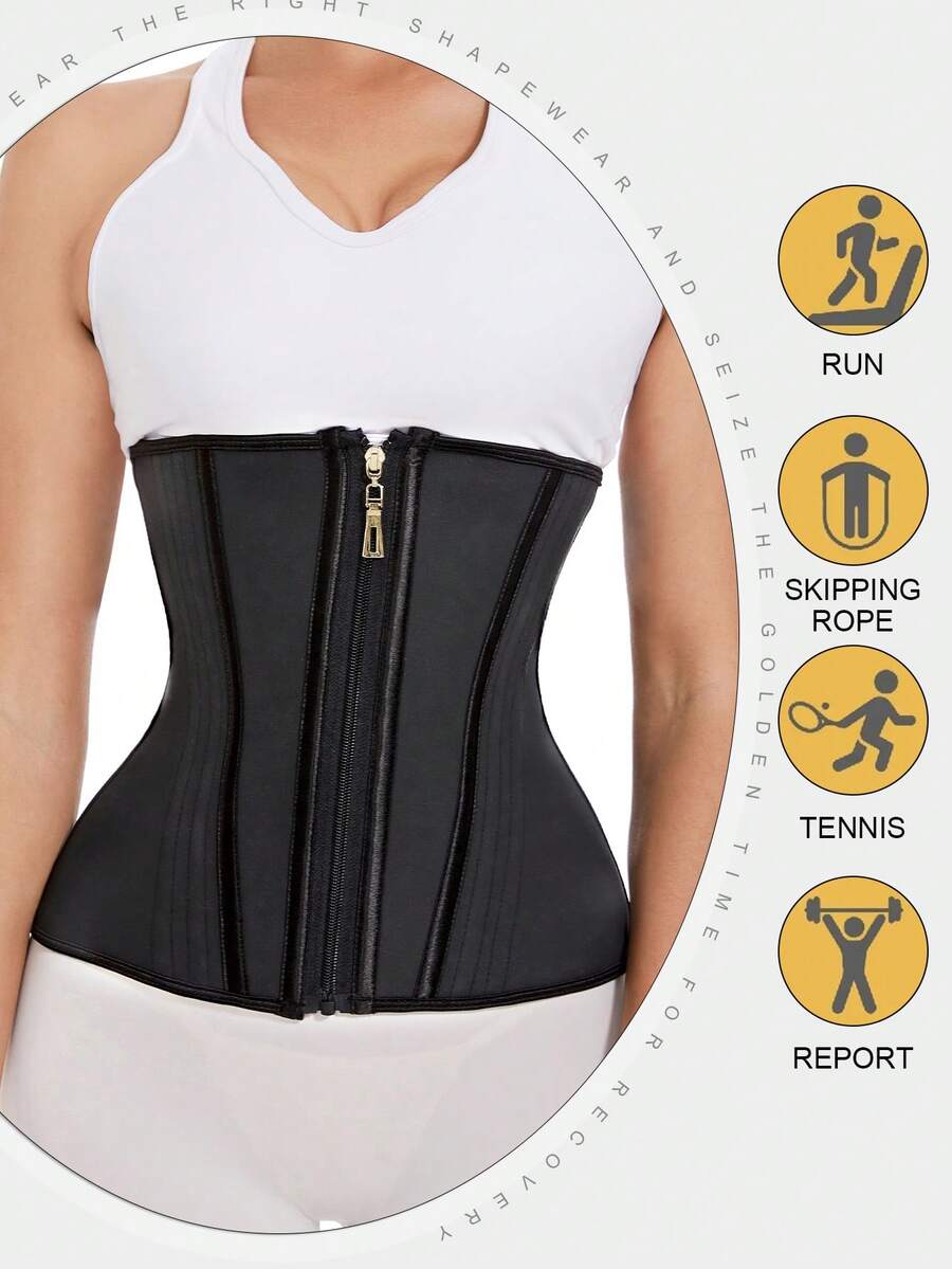 一件黑色拉链橡胶塑身连体衣，双层乳胶腰部训练器，运动健身收腹压缩塑身衣