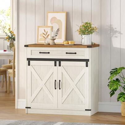 Hzuaneri Kitchen Cabinet, Sideboard With Drawer, Storage Cabinet With 2 Doors, Adjustable Shelves, Country Style, Kitchen, Living Room, 40 X 80 X 80 Cm, Vintage Brown-White