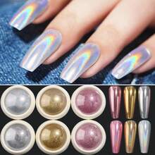 6 Colors Chrome Nail Powder,Gold Silver Metallic Effect Chrome Powder For Nails,Holographic Mirror Glitter Pearl Pigment Dust Kit For Gel Polish Nail Art Decoration Manicure Nail Supplies - F 203 Magic Mirror Laser - 查看 3