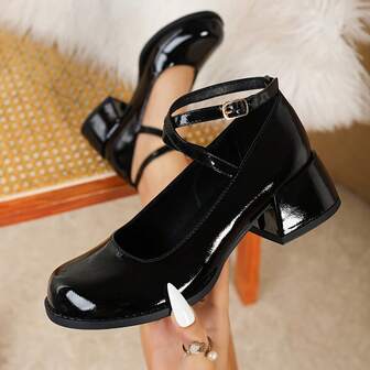 Zapatos de charol tipo Mary Jane para mujer, con correa de tobillo y tacón grueso, punta redonda, en múltiples colores, versátiles para uso casual, de fiesta, oficina y hogar, con estilo bohemio y hebilla cruzada