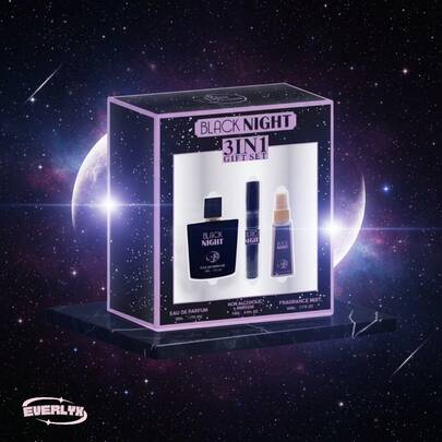 EverlyX Black Night 3-In-1 Gift Set - Eau De Parfum + Body Mist + Roll-On Perfume - An Intense And Modern Men's Fragrance With Woody And Fresh Notes - Perfect As A Gift Or For Everyday Wear With A Stylish And Elegant Look - ✅ Shipping To Spain In 24/48 Hours