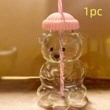 1/2pcs 590ml Mini Bear-Shaped Glass Cup With Pink Hat Lid & Straw - Transparent Adorable Bear Bottle For Drinking, Cute Glass Glass Vessel For Home Office Use, Christmas Gift 2025, Reading Vessel, Holiday Present, Playful Drinkware, Durable Glassware - 粉色 - 查看 8