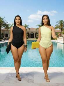 Two-Piece Set Of Women's Draped One-Shoulder Bodysuits - Black and Yellow - View 2