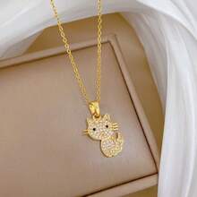 1 Bộ trang sức mặt dây chuyền hình mèo bằng thép không gỉ Zirconia và hoa tai dành cho nữ, thiết kế tối giản đa năng, phù hợp cho cuộc sống hàng ngày/dự tiệc, phụ kiện quà tặng - Mèo Vàng - Xem 3