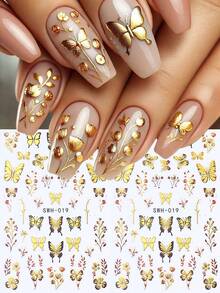 2 piezas Pegatinas de uñas metálicas con mariposas 3D en oro y negro, con diseños de hojas de ginkgo, flor de loto, para decoración de manicura DIY, holográfica, retro y de lujo para bodas y vacaciones