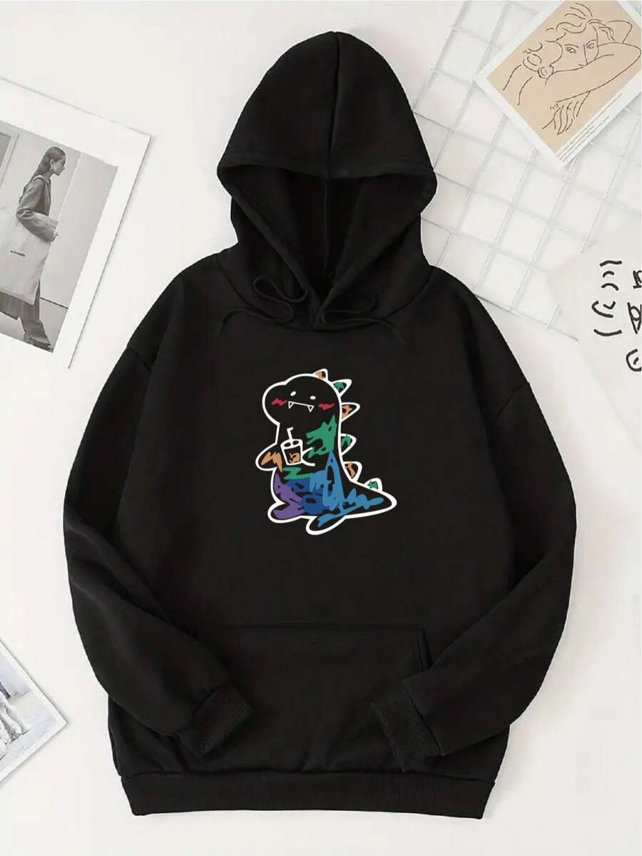 Men's Cartoon Dinosaur Pattern Crew Neck Sweater - 黑色 - 查看 1