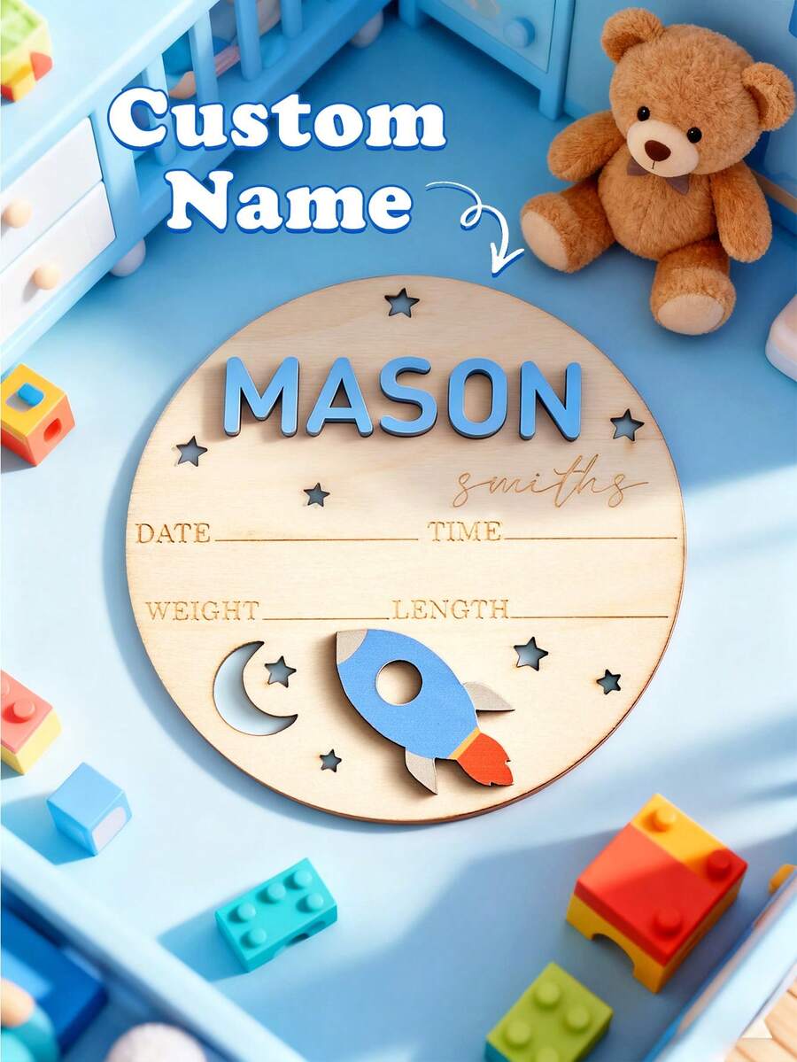 1pc Customized Children & Teen Birth Announcement Sign, Personalized Newborn Name Wooden Butterfly Shaped Plaque, 2 Sizes Available, Round Wooden Birth Name Sign, Baby Birth Reveal Photo Prop, Perfect New Parent Keepsake, Baby Birth Announcement Wooden Sign, Boy & Girl Baby Letter Pattern, Monthly Milestone Cards, Baby Birth Reveal Sign, Baby Name Reveal, Newborn Gift, Back To School Gift, Baby Gift, Children Gift, New Mom Gift - 星月火箭 - 查看 1