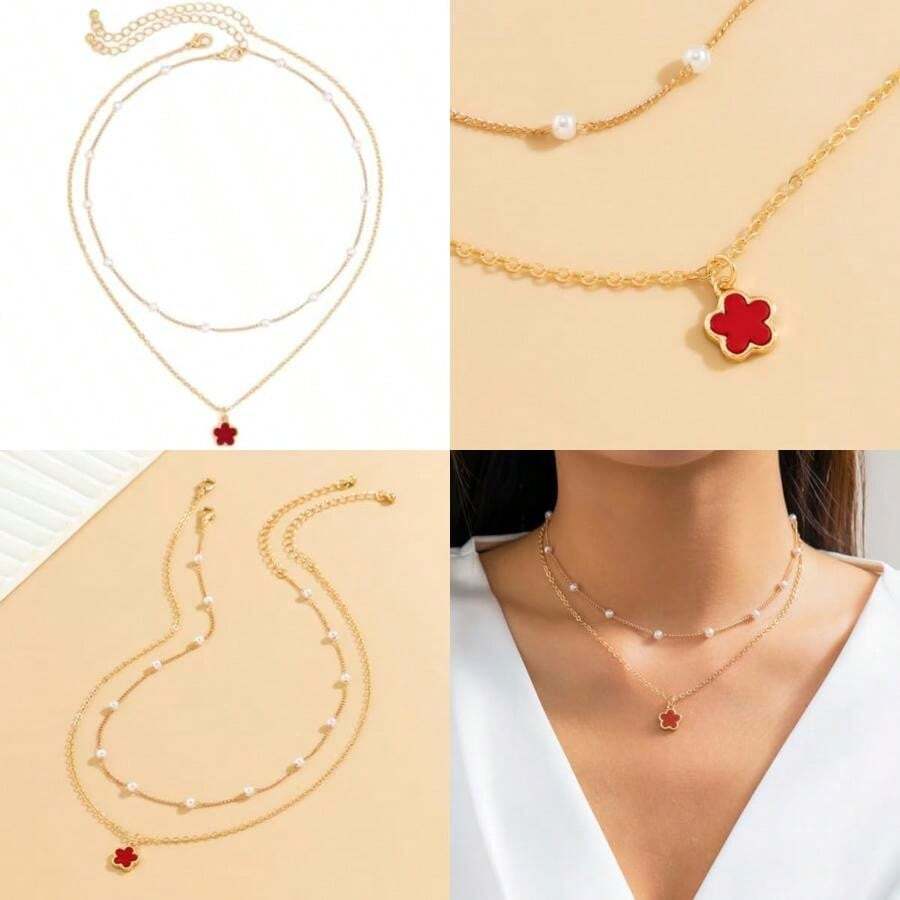 Collar en Capas para Mujer, Collar Colgante Flores, Cadena Clavícula de Perlas Blancas, Hip-Hop con Personalidad Punk, Collar Ajustable, Joyería Moda, Regalo Joyería Cumpleaños para Mujeres(Rojo) - Multicolor - Ver 1
