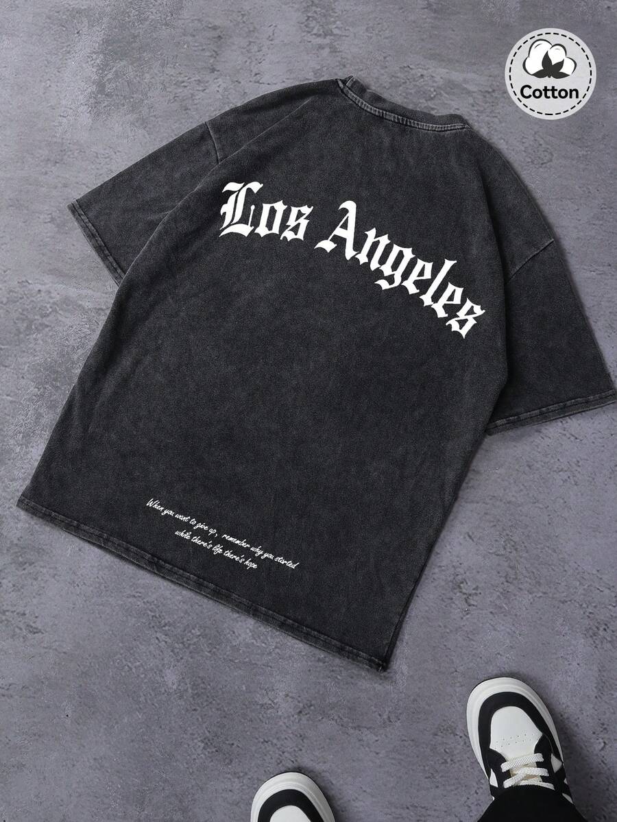 男士圆领短袖休闲通勤 T 恤，日常穿着水洗褪色图案 T 恤