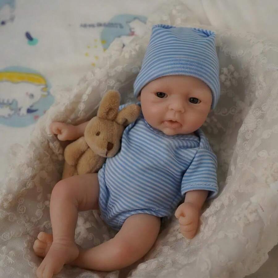7 Inch (18cm) Lifelike Reborn Baby Doll, Big Eyes, Soft Full Body Solid Silicone Doll, Realistic Handpainted Skin, Christmas Birthday Gift