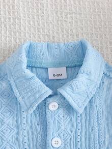 2pcs Baby Boy Street Fashion Set: Textured Pocket Bear Embroidered Shirt And Shorts - Blue - View 3