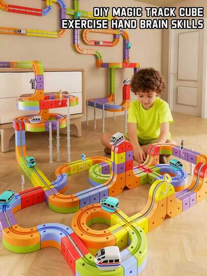 KlickRail 电动火车套装，互锁轨道系统，电动环形铁路，32/48 块轨道，适合 3-5 岁儿童，卡扣式玩具，防脱轨设计，内置 3D 立体布局和电动火车，STEM 教育礼物，适合万圣节、圣诞节和感恩节。