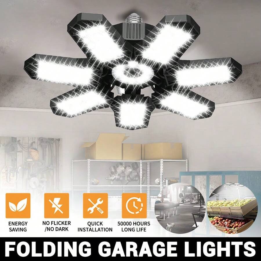 1Pack Folding Garage Light, With 7+1 Adjustable Panels LED Garage Lighting Basement Barn E26/E27 LED Lamp For Garage, 6500K Shop Light ,Workshop, Basement, Warehouse, Attic, Storage Room - 黑色-1個裝 - 查看 1