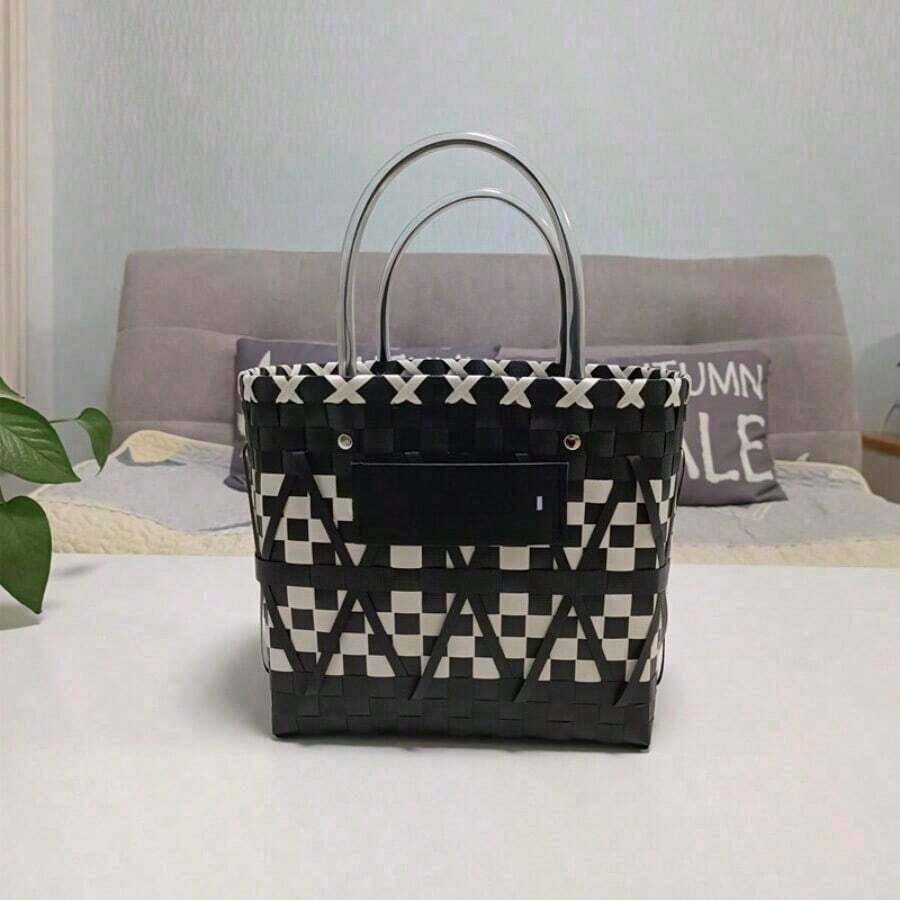 Latest Popular Color Block Woven Tote Bag: Large Capacity, Lightweight, And Versatile - A Must-Have Accessory For Women's Beach Vacations, Breathable Dog Basket, Handmade Texture Gift, Practical And Suitable For Multiple Occasions - 白貓熊 - 查看 1