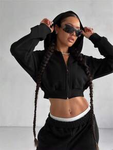 Cropped Hoodie Set 2 Piece - Long Sleeve Zip Up With Shorts, Y2K Casual Outfit Streetwear - 黑色 - 查看 3