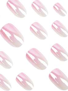 24片复古简约优雅日常经典渐变白色闪粉极光椭圆形美甲贴纸套装，适合喜欢简约风格的女孩和女士，适合日常生活和购物美甲。 - 粉色 - 查看 8