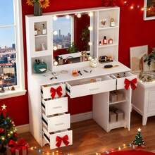 Large Dressing Table 6 Drawer Makeup Desk Dresser W/LED Mirror 7 Open Shelves - White - View 3