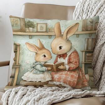 1 pieza Funda de cojín decorativa con conejo de lectura lindo, impresa por un solo lado en terciopelo melocotón de poliéster, 45*45CM/18*18 pulgadas para decoración de habitación, decoración minimalista moderna de sala de estar, regalo