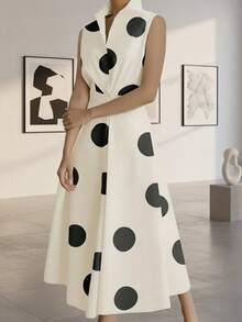 2025春秋新款休闲时尚通勤简约波点V领长款喇叭连衣裙，适合女性穿着，秋季，秋装，女士秋季连衣裙，女士秋季套装，秋季服装，商务休闲女装，商务休闲，复古女装，复古服装，商务休闲女装，女士办公室套装，女士职业装