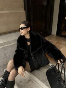 奢华复古时尚女士加厚保暖外套，带人造毛领，冬季外套，柔软绒毛 - 黑色 - 查看 4