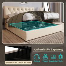 (=777898AAN) Hydraulically Adjustable Upholstered Bed 140x200cm, Adjustable Headboard, Double Bed With Metal Slatted Base, Modern Bed Frame With Storage Space, Natural, Mattress Included - Beige + Linen - View 3