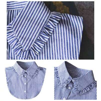 Detachable Ruffles Collar Half Shirt Blouse Dickey Blue Stripe False Collar