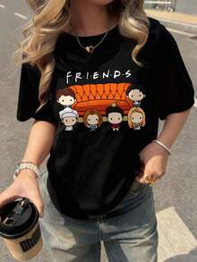 Bob Esponja | Camiseta negra de manga corta, cuello redondo, de corte holgado con lindo estampado de dibujos animados y letras, para mujer, para el verano - Negro 2 - Ver 5