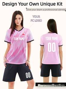 2pcs Customized Pink Football Training Suit For Women - Personalized With Name And Number (Front/Back), Short Sleeve Jersey Paired With Black Shorts - Quick-Dry Breathable Sports Set - Suitable For Football, Volleyball, Basketball, Casual Wear, Also An Ideal Gift For Halloween, Thanksgiving, Christmas And New Year Summer, Pink Outfit For Women - Pink - View 1