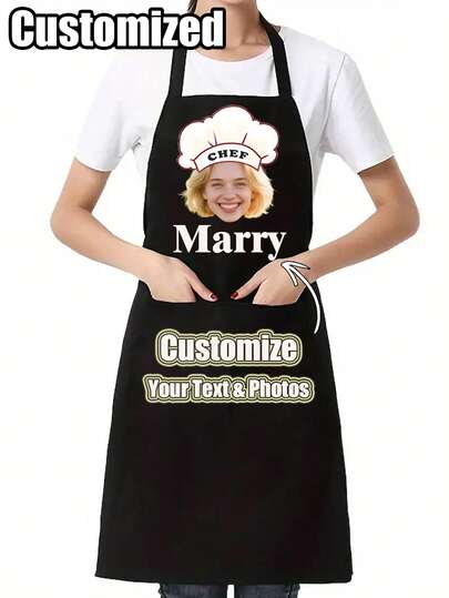 1 pieza Delantal impermeable personalizable con texto y fotos personalizadas, delantal de cocina personalizado y divertido, personaliza el texto, delantal de chef, regalo único para aniversario, mujer, chef, mamá, papá, esposo, novia, novio, boda y talla grande