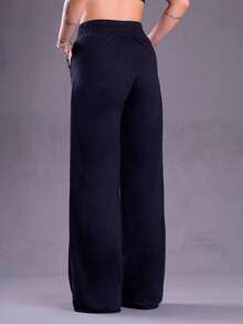 Calça Pantalona Feminina Moletinho Conforto Estilo Casual Lazer - Preto - Visão 6