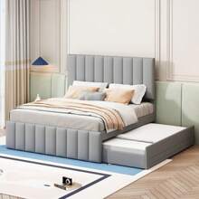 Polsterbett 140 X 200 Cm Mit Ausziehbett Und Schubladen, High-Freundliche Leinenpolsterung, Doppelbett, Kinderbett, Jugendbett, Gästebett (Grey) - Grey - View 5