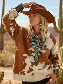 2025秋冬新款女装时尚奶牛印花西部牛仔风格撞色不对称图案宽松羊毛针织套头毛衣