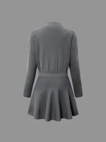 PoPoHouse Women's Solid Color Stand Collar Knit Dress, Elegant For Commuting In Winter And Spring - Grey - View 10