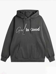 Sudadera casual de estilo universitario con bolsillo canguro y cordón, con estampado de eslogan, para uso diario y viajes, para otoño/invierno - Gris Oscuro - Ver 7