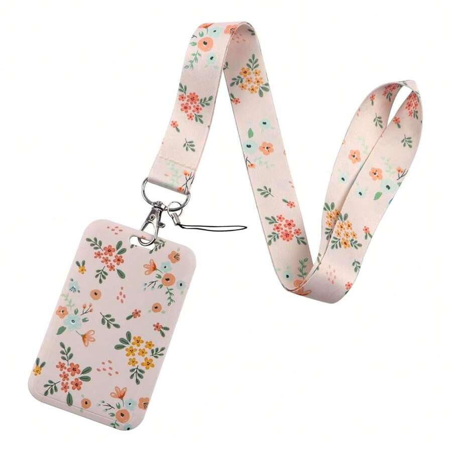 Flower Lanyard With ID Card Holder, Plastic Badge Holder With Neck And Wrist Lanyard, Pink Keychain Lanyard For Women, Teacher, Nurse,Flower2 - Hoa2 - Xem 1