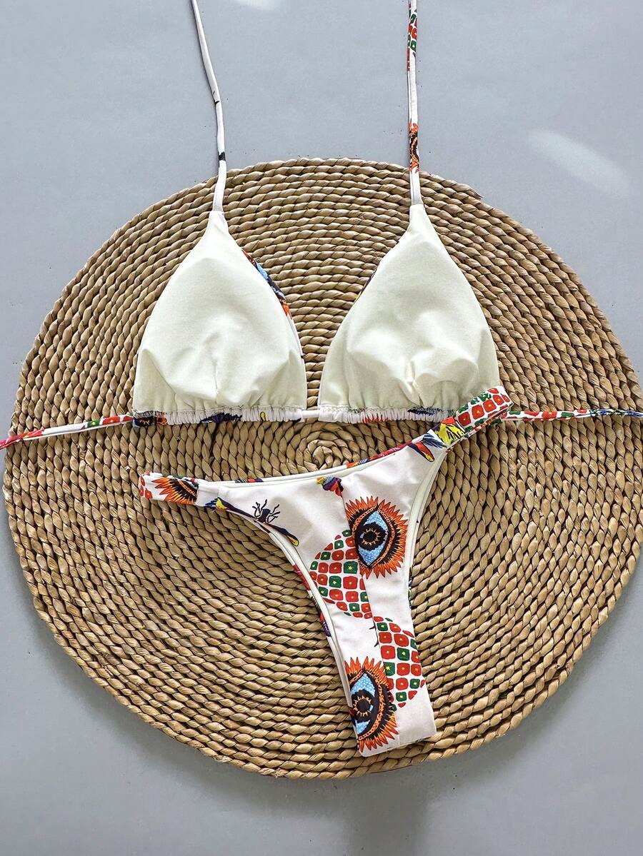 2pcs Casual Cute Elegant Sexy Bohemian Floral Tie-Up Braided Bikini Swimsuit, Beach Vacation, Spring/Summer - Multicolor - View 1