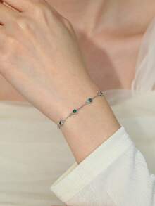 1pc Luxury 925 Sterling Silver Cubic Zirconia Heart Pendant Bracelet, Emerald Green High-End Fashion Jewelry, Adjustable Chain Anklet, Elegant Jewelry Gift For Friends, Mothers, Wives, Daughters, Christmas, Birthday, 1.45g/0.051oz - White Gold - View 2