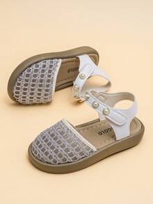 2026 Silver Luxury Pearl Girls' Sandals, Silver-White Mesh Breathable Fabric, Adjustable Pearl Strap, Wide Toe Box Non-Slip Soft Sole Flat Sandals, Sweet Style, Summer Essential! - Beige - View 6