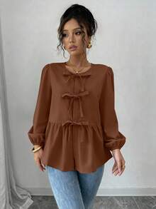 Women's Babydoll Peplum Blouse Shirt Puff Long Sleeve Bow Tie Front  Cute Y2K Going Out Tops - Brown - View 5