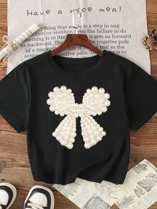 Summer Faux Pearl Element: Fashionable Bowknot T-Shirt - Black - View 1