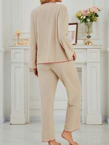 两件套女士休闲简约翻领开衫长袖套装（含长裤），柔软抓绒睡衣，秋冬款 - 杏色 - 查看 4