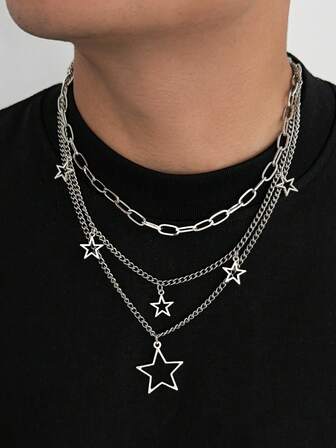 3pcs Punk Style Minimalist Star Necklaces, Men's Fashion Layered Iron Alloy Necklaces, Suitable For Daily Wear, Parties, Birthday Gifts, Holiday Gifts, Father's Gifts, Boyfriend Gifts, Couple Jewelry, Necklaces