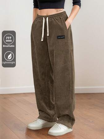 Women's Corduroy Straight Leg Pants With Drawstring Elastic Waist, Suitable For Casual, Sports, Hiking Wear, Spring/Autumn