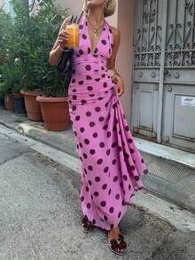 Women Y2k Halter Maxi Dress Vintage Polka Dot Mesh Long Dress Sleeveless Backless Deep V Neck Fishtail Cami Dresses Beach Vacation Party Sundress Summer Clothes Outfit - 粉色 - 查看 3